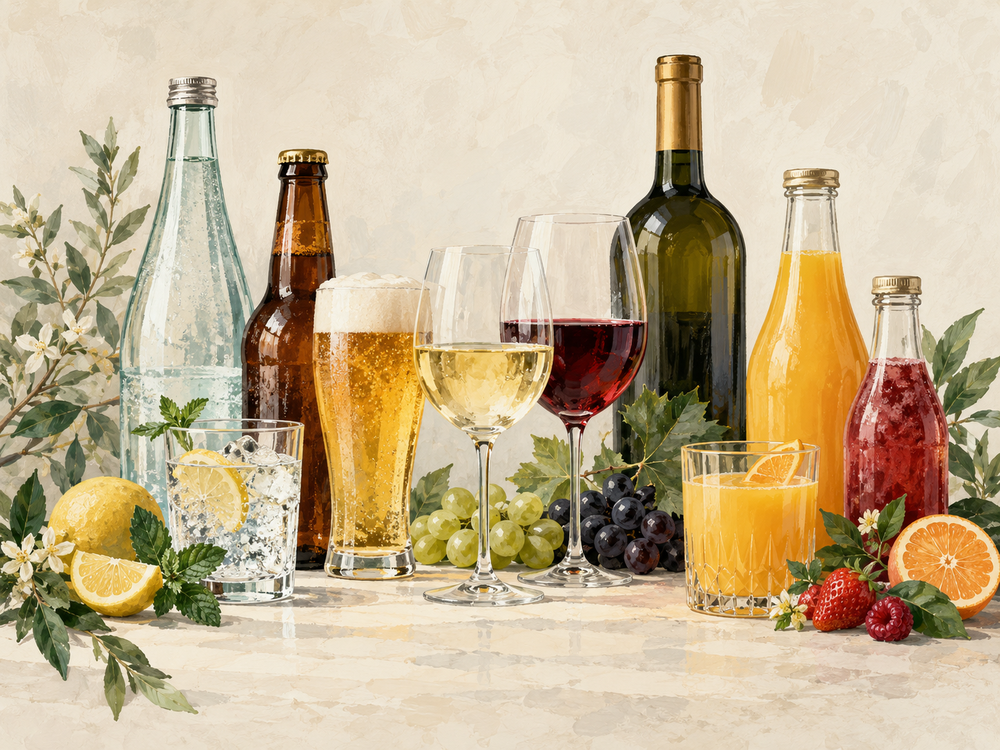 Handgemalte Illustration mit Mineralwasser, Bier, Wein und verschiedenen Erfrischungsgetränken