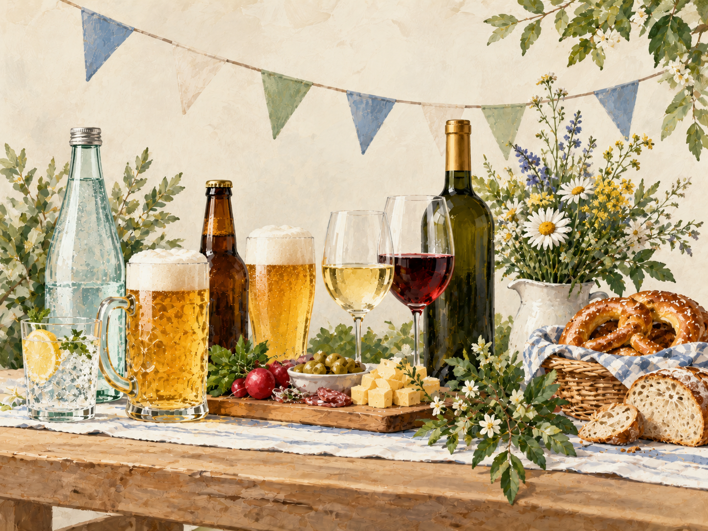 Handgemalte Illustration eines bodenständigen Festbuffets mit Bier, Wein, Brot und Brezeln