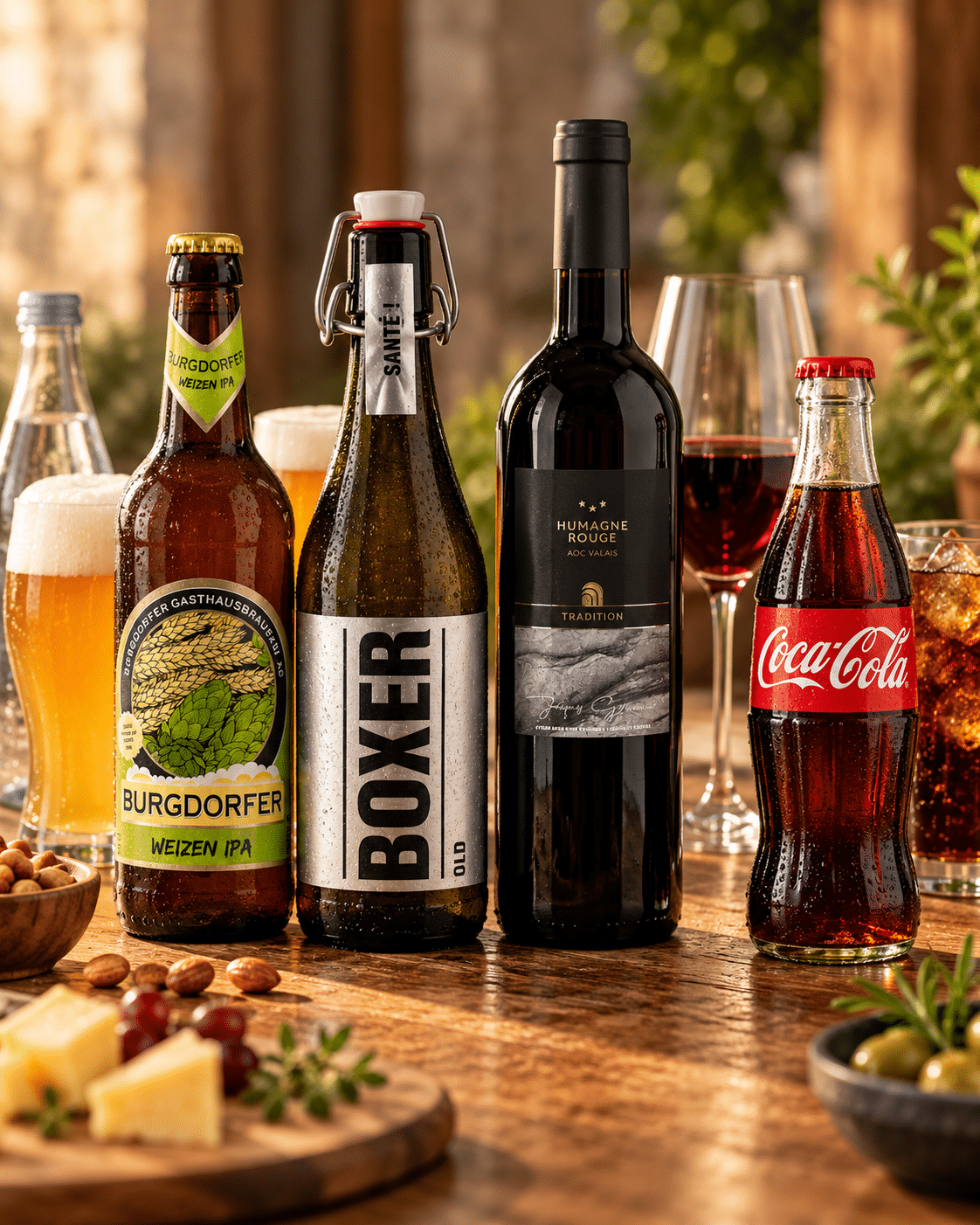 Getränkeauswahl mit Burgdorfer Bier, Boxer Bier, Humagne Rouge und Coca-Cola