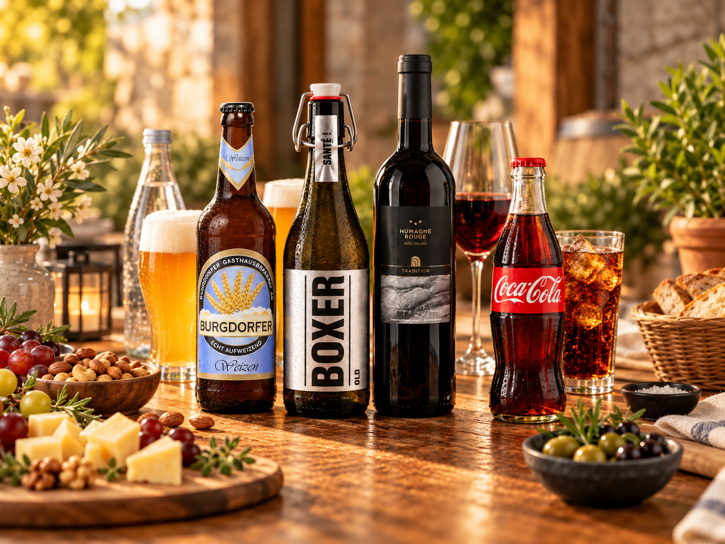 Getränkeauswahl mit Burgdorfer Weizenbier, Boxer Bier, Humagne Rouge und Coca-Cola