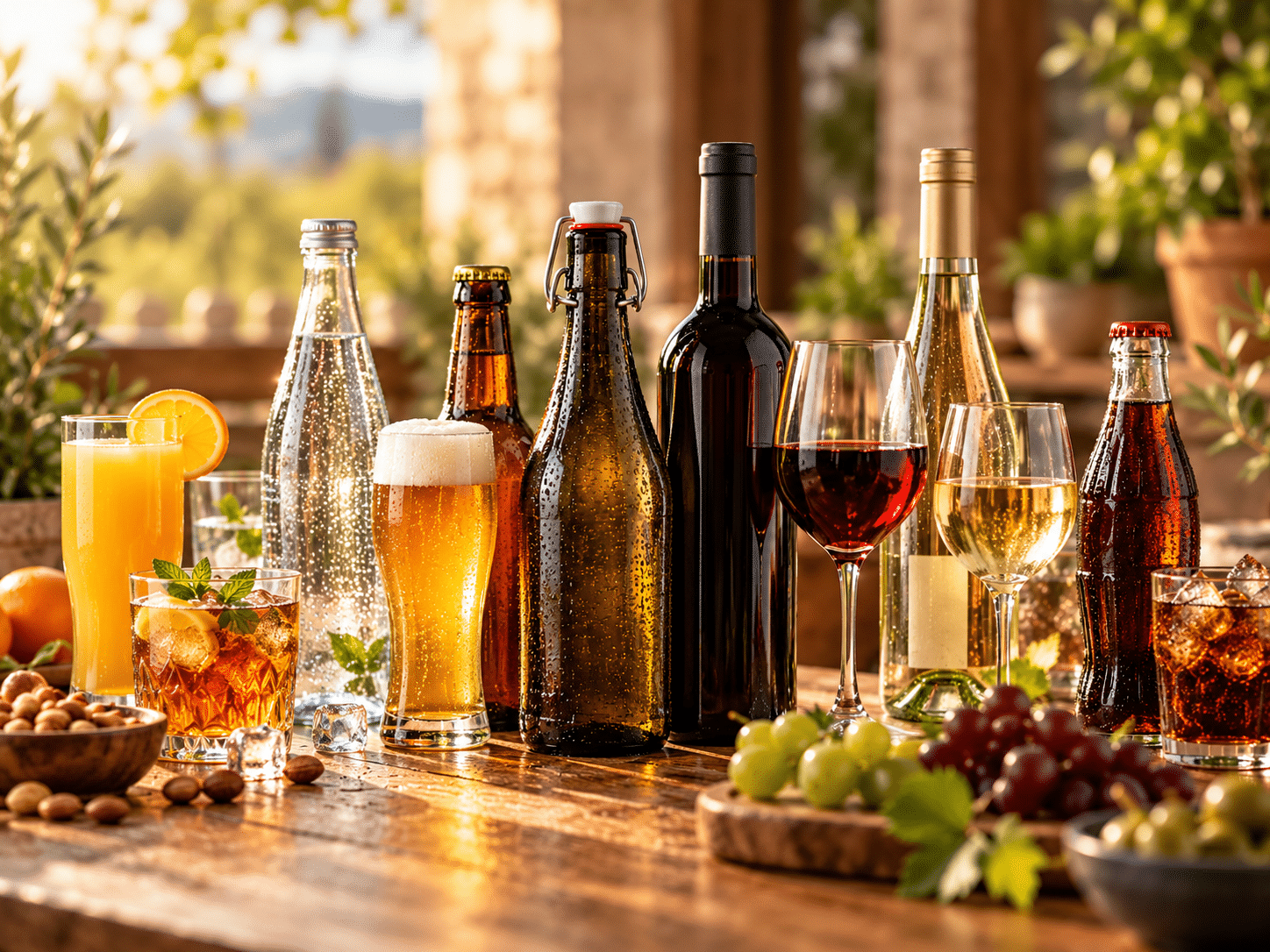 Vielfältige Getränkeauswahl mit Bier, Wein, Mineralwasser und Süssgetränken
